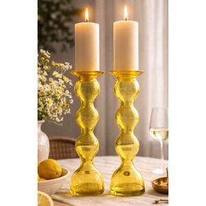 Anne Nilsson Yellow Curvy Bubble Glass Candlesticks Pair 14" Scandinavian Mod